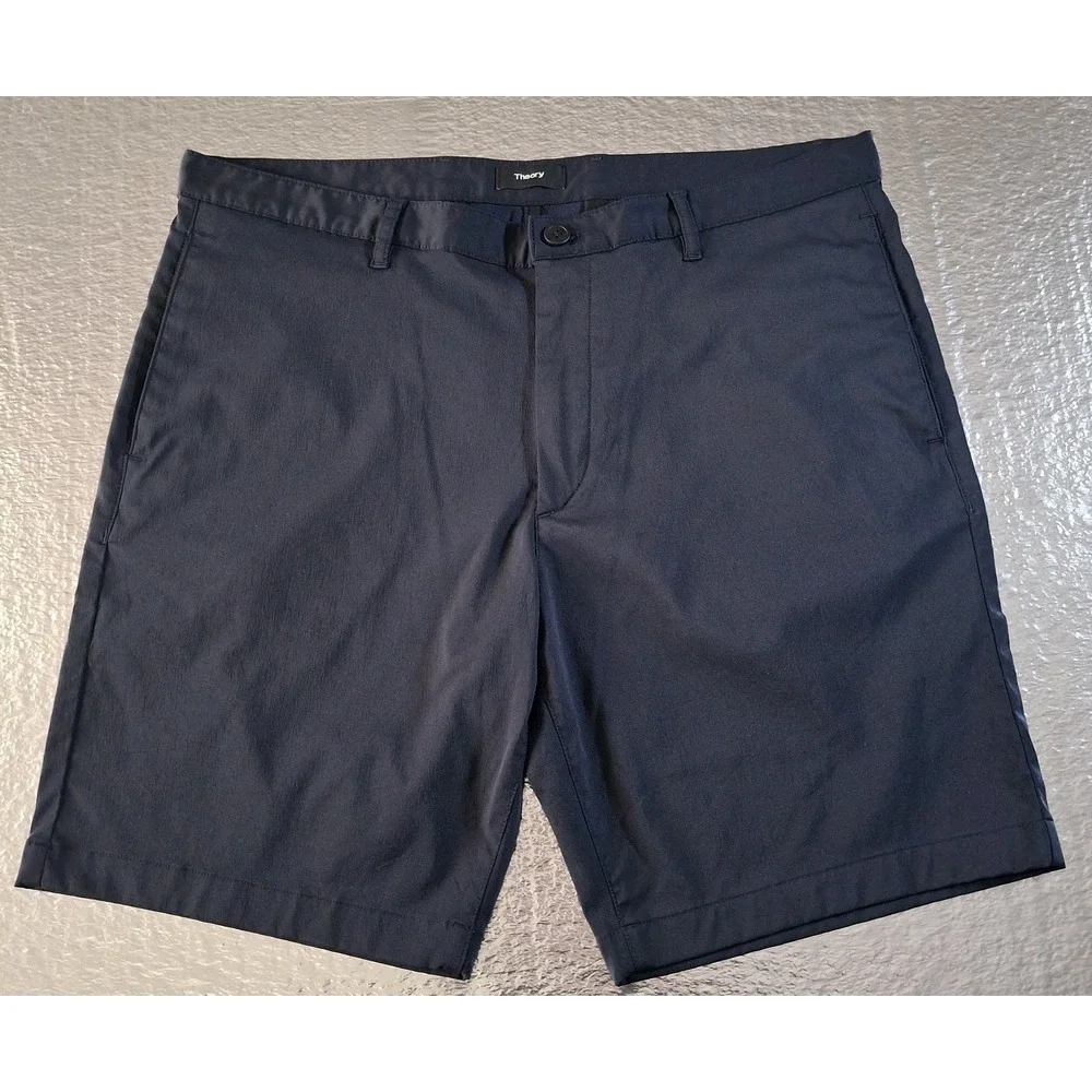 Theory Zaine Shorts Mens 36 Navy Blue Performance Chino Flat Front Casual Summer